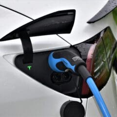 A white electric vehicle is shown from the rear, with a blue charging cable plugged into its charging port. The charging port indicator light is green, indicating that the vehicle is charging. The car is positioned on a grassy surface.