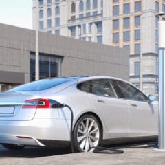 A sleek silver electric car is parked and charging at an electric vehicle charging station on a city street. Tall buildings can be seen in the background under a clear sky.