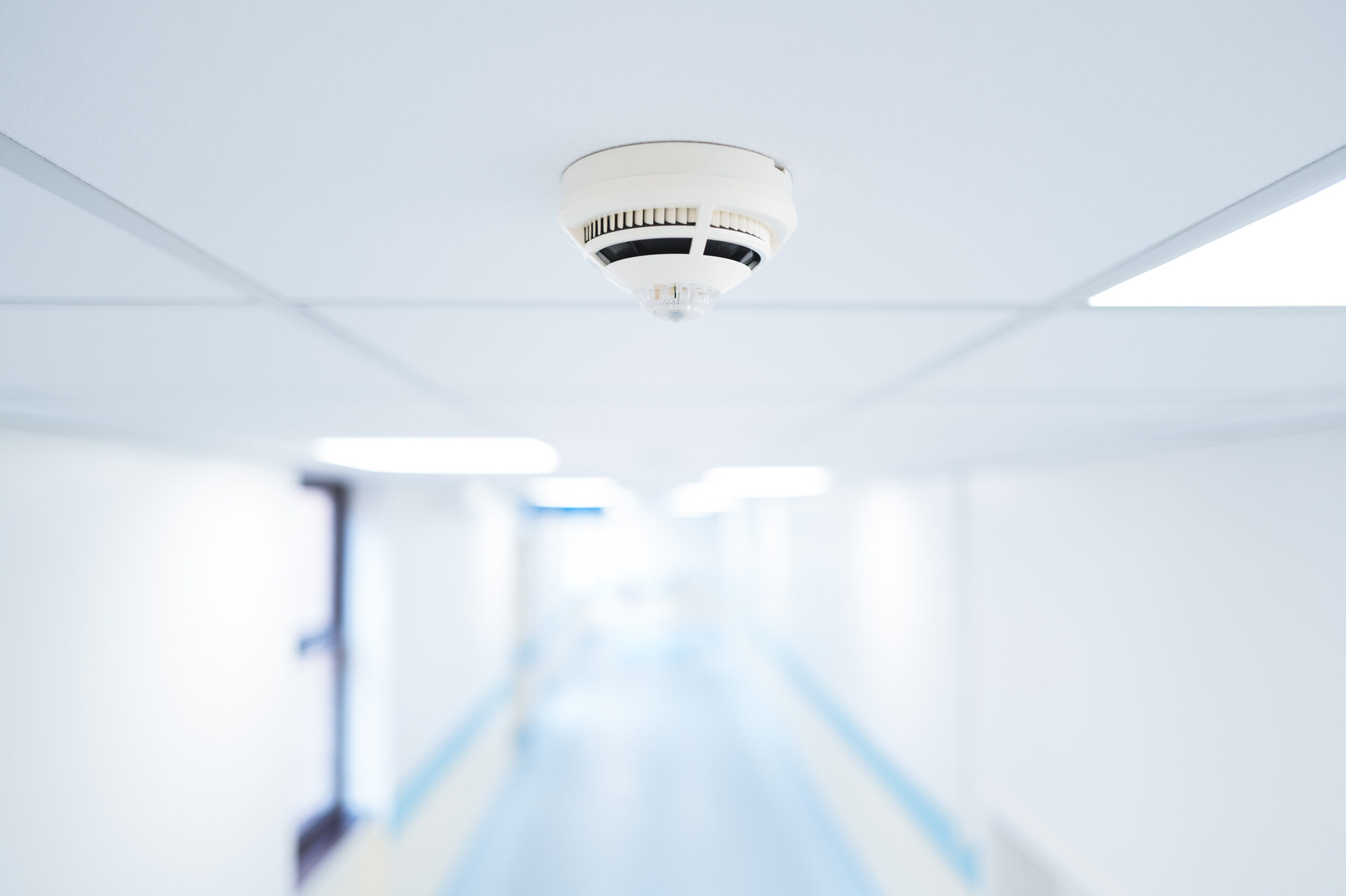A close-up of a ceiling-mounted smoke detector in a brightly lit, modern hallway with white walls and blue accents. The hallway is slightly out of focus in the background.