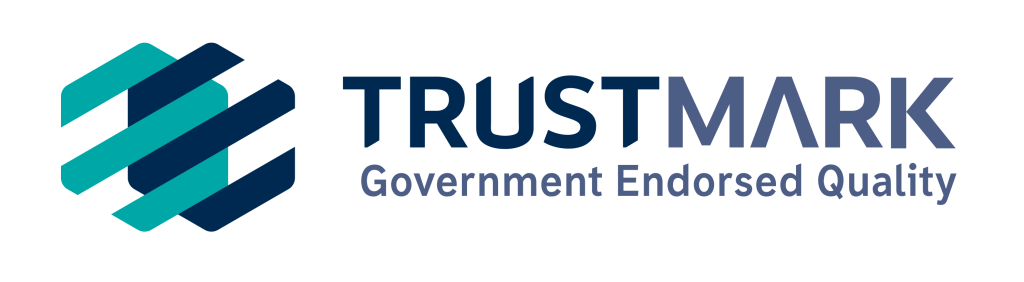 TrustMark logo featuring an abstract hexagonal design in teal and navy, with the words "TRUSTMARK Government Endorsed Quality" in bold blue and gray text to the right.